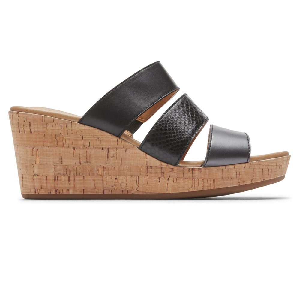 Rockport Women's Lyla Banded Wedges Slides - Black - USA (3208VMSPI)